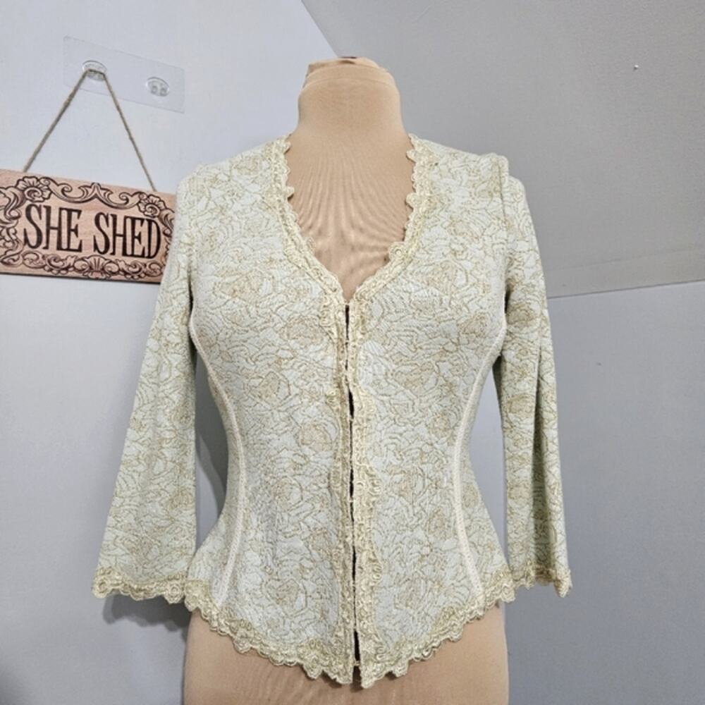 Etcetera Cardigan Womens Silk Cashmere Plunge‎ Neck Lace Trim Sweater Top